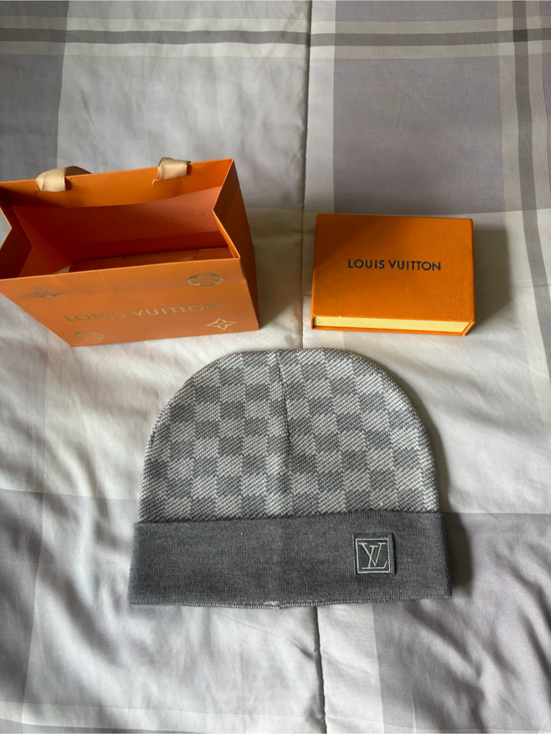 Louis Vuitton Beanie Hat Grey Checkerboard