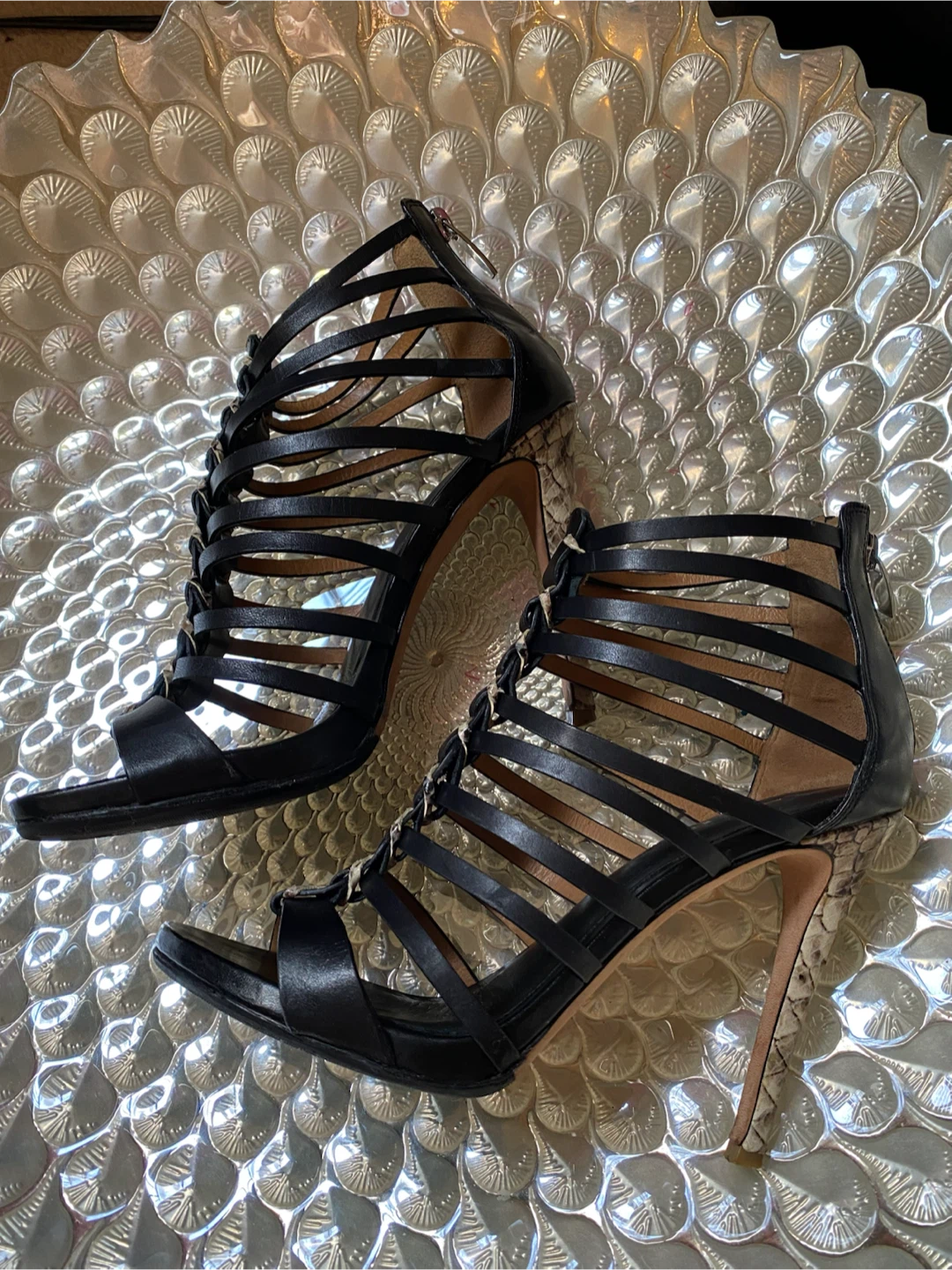 Coach "Josey" Black Leather & Snake Print Cage Heels