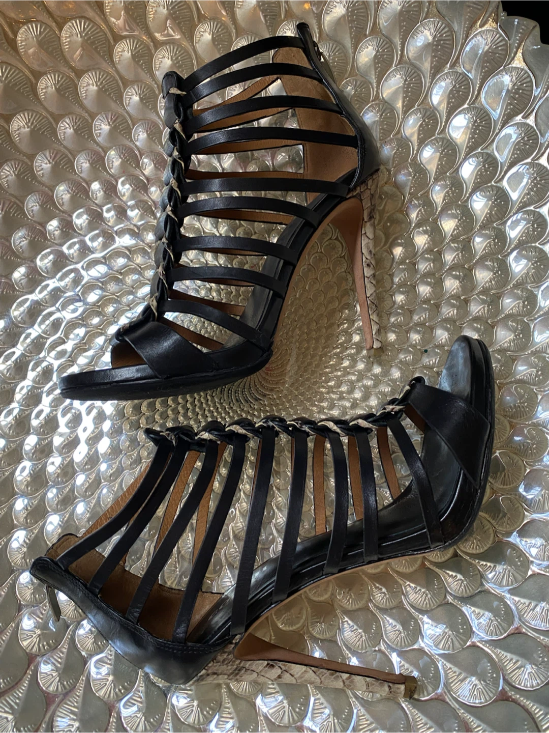 Coach "Josey" Black Leather & Snake Print Cage Heels - photo 2
