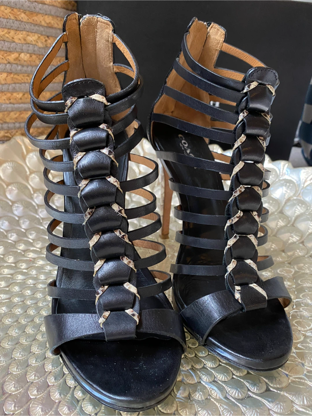 Coach "Josey" Black Leather & Snake Print Cage Heels - photo 3