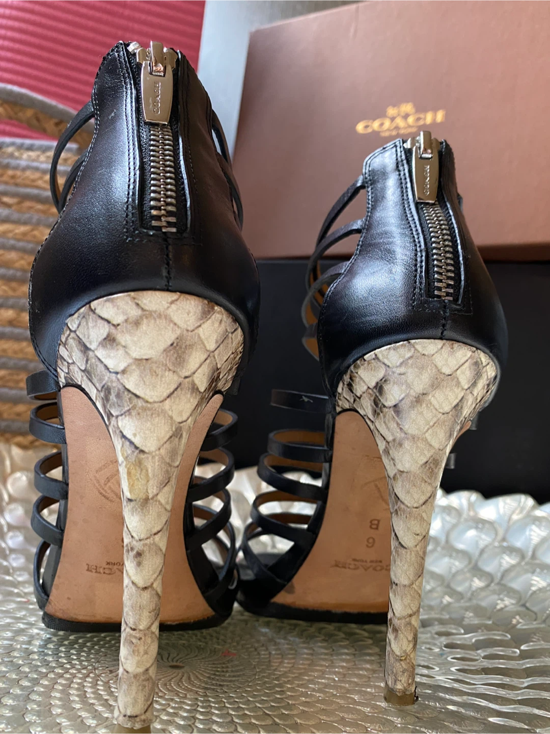 Coach "Josey" Black Leather & Snake Print Cage Heels - photo 4
