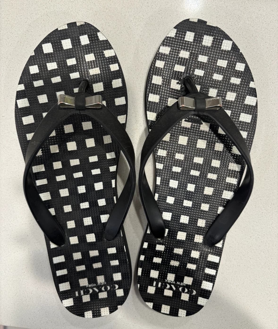 Coach Black White Gingham Flip Flops