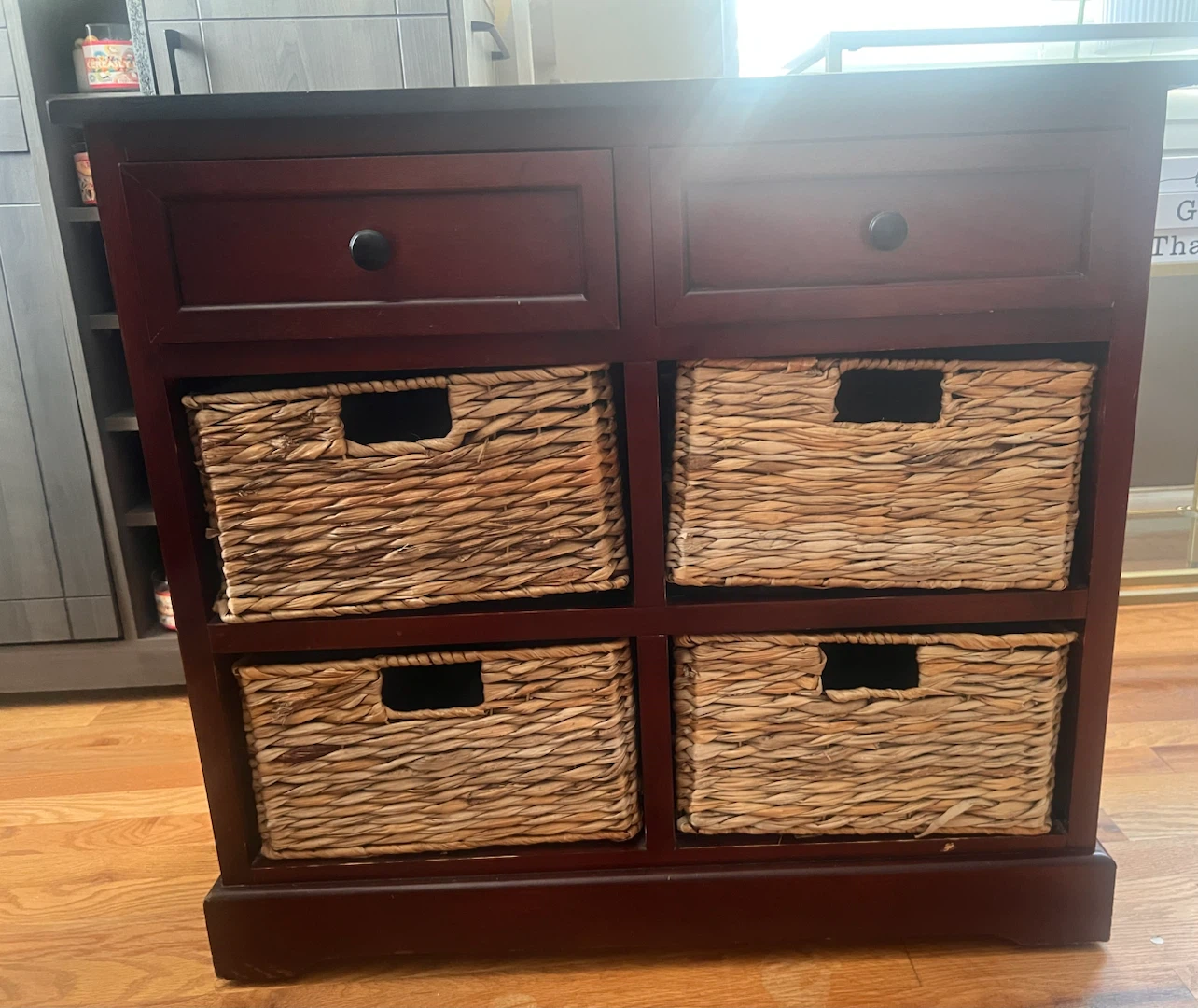 Wood Storage Cabinet with 4 Woven Baskets