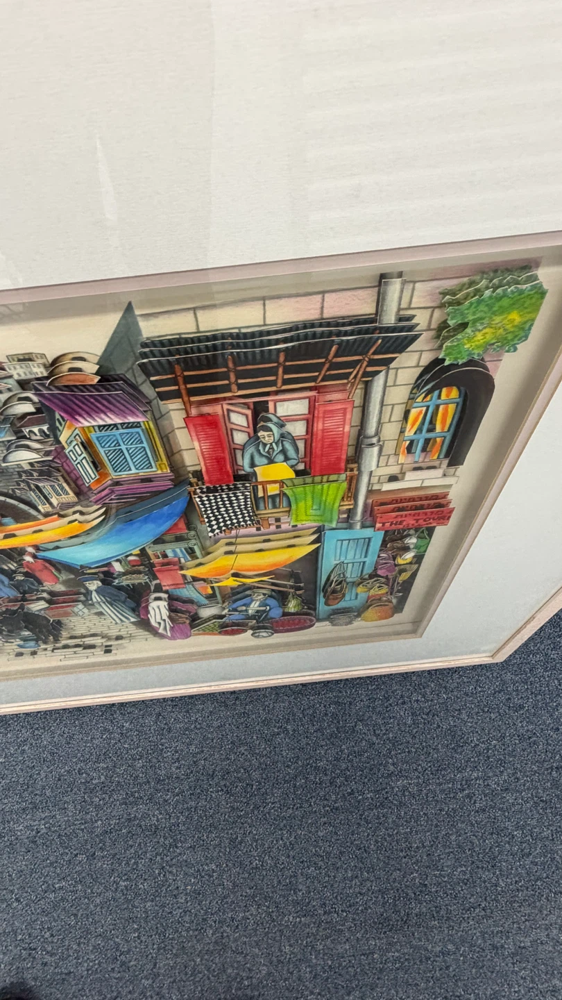 Framed 3D Paper Art of a Bustling Market Scene - photo 2