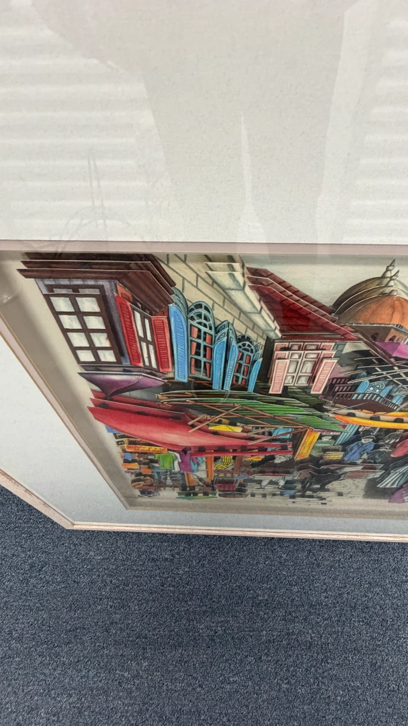 Framed 3D Paper Art of a Bustling Market Scene - photo 3