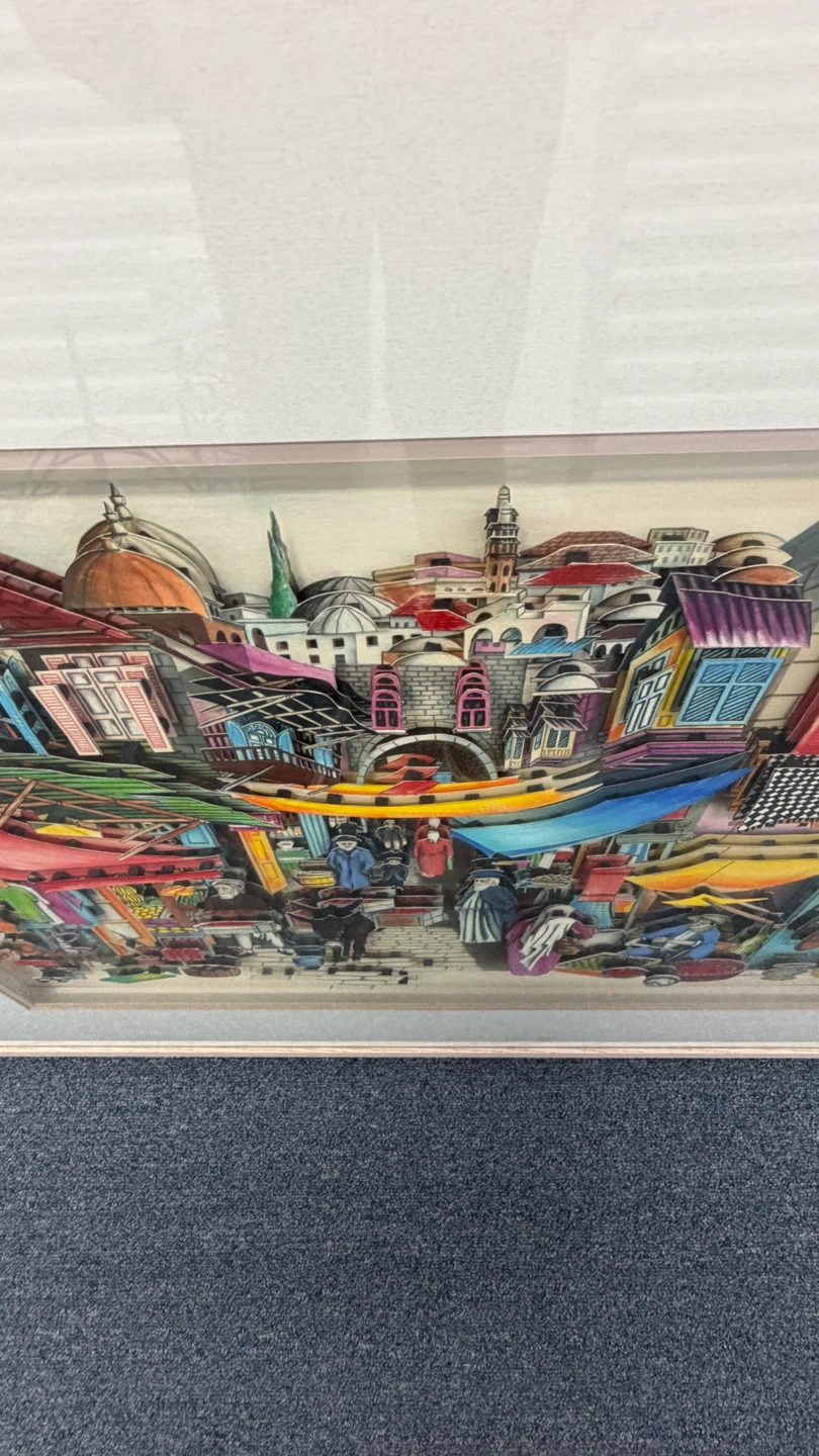 Framed 3D Paper Art of a Bustling Market Scene - photo 4