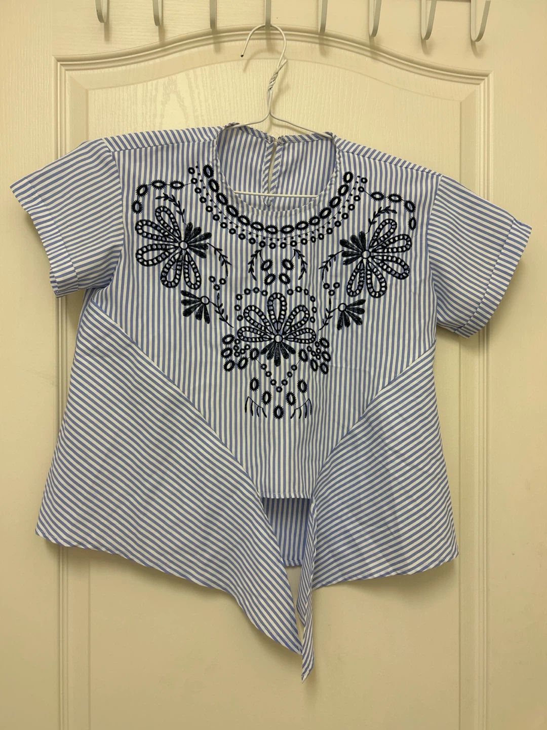 Striped Embroidered Short Sleeve Blouse