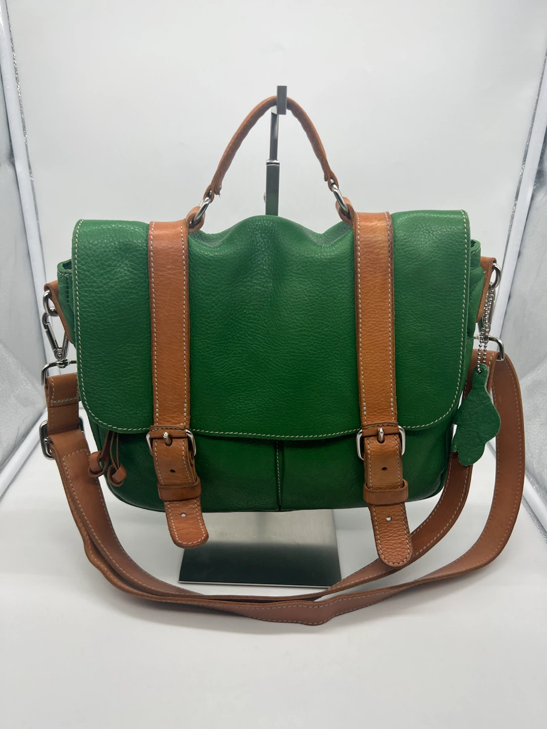 Roots Hot Pink Satin Green Leather Messenger Bag