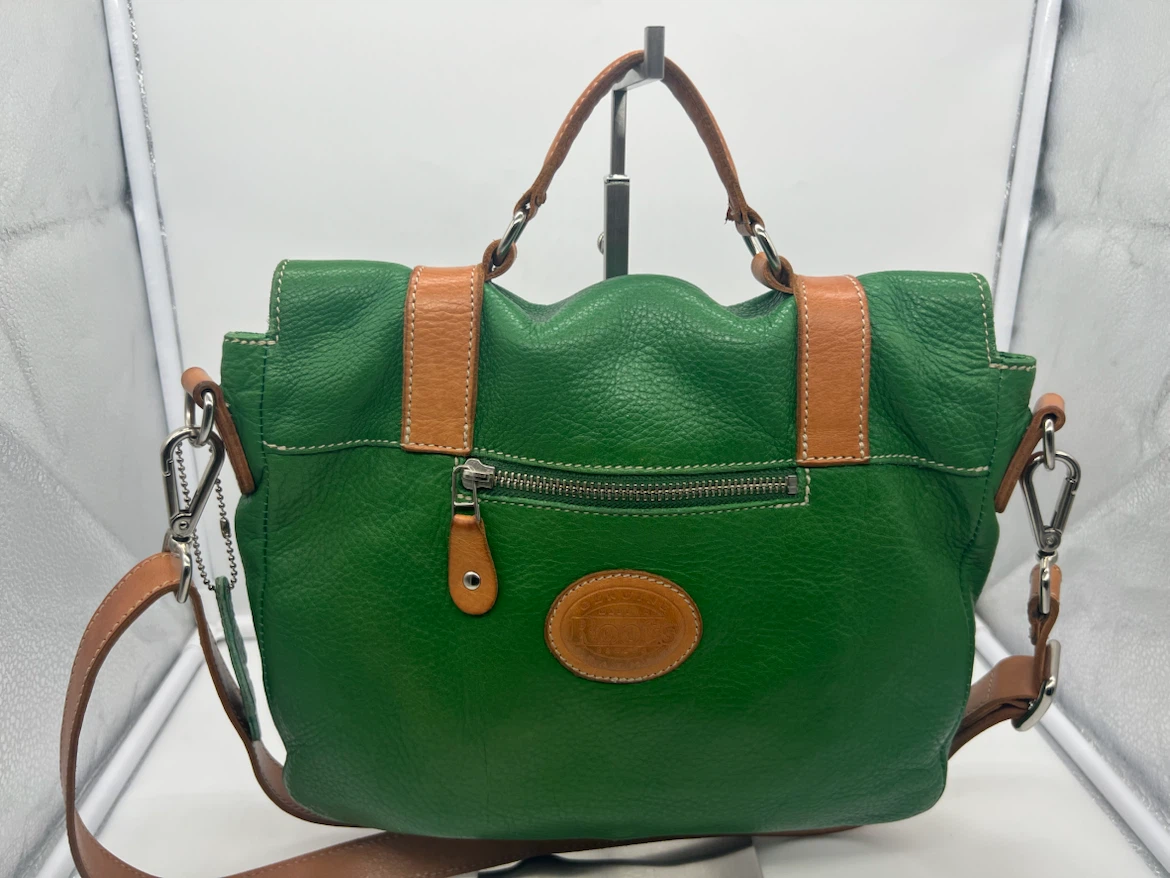 Roots Hot Pink Satin Green Leather Messenger Bag - photo 5