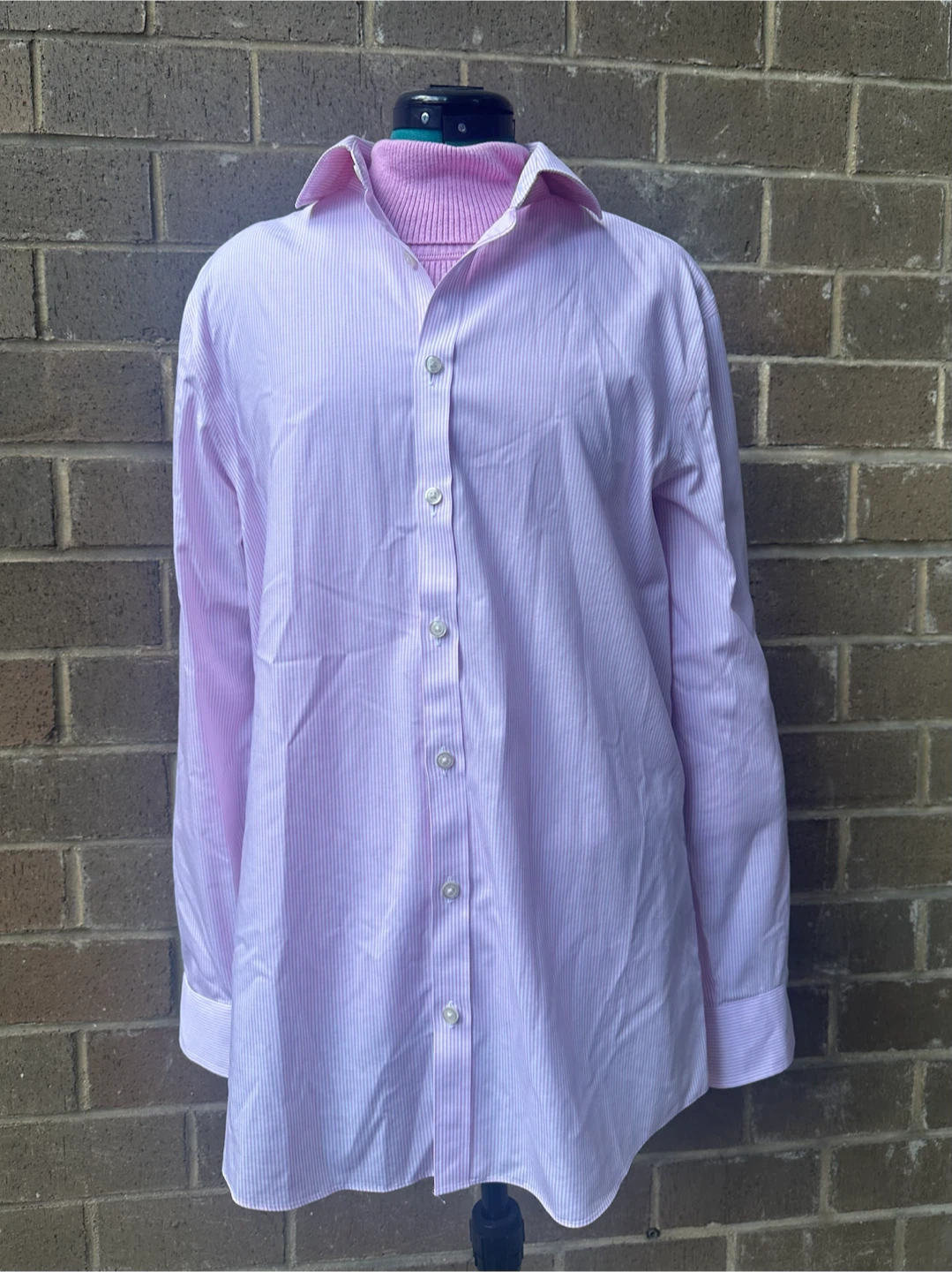 Charles Tyrwhitt Pink/White Stripe Shirt Sz 16.5/34 Torn Sleeve
