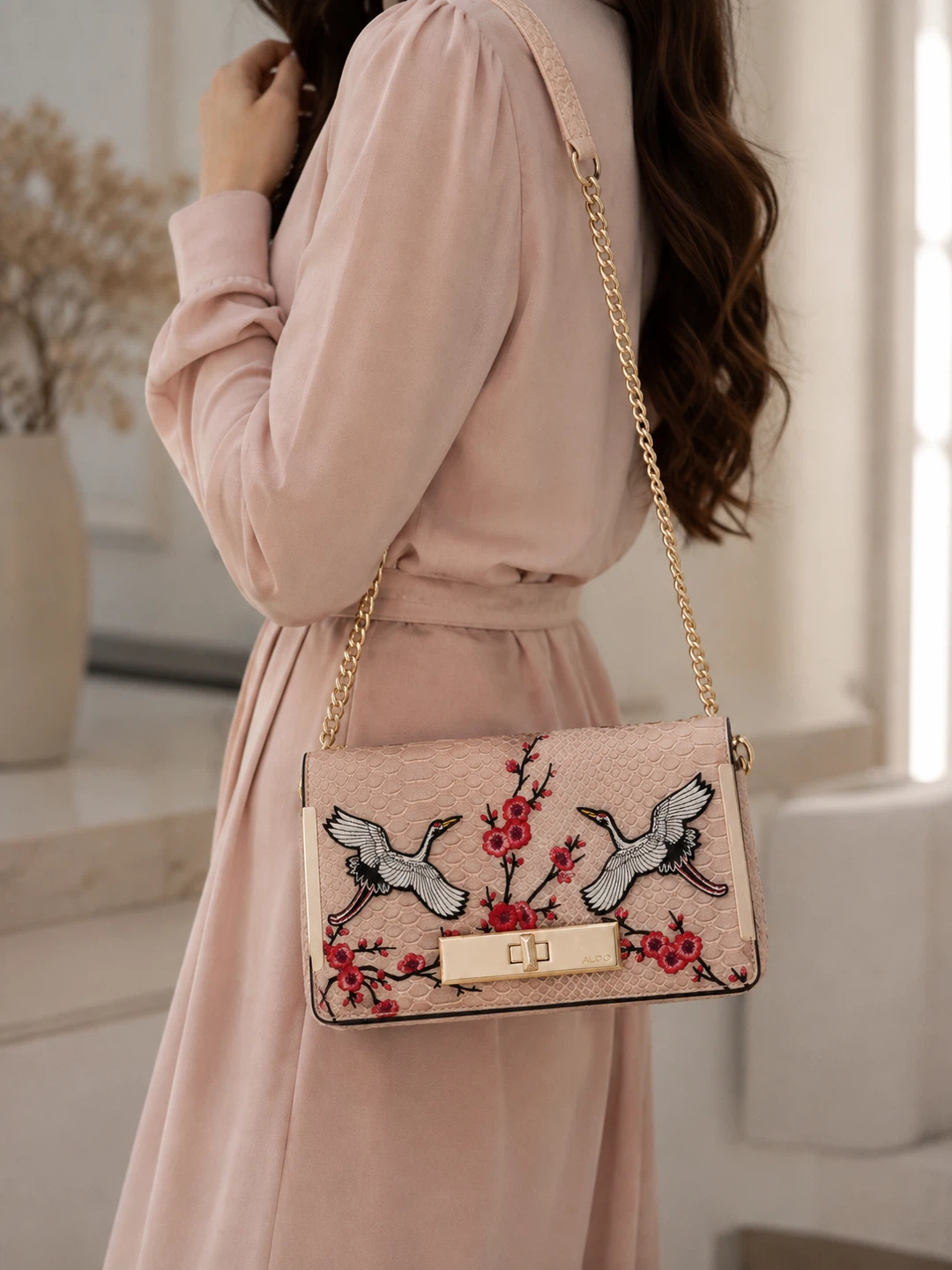 Pink Clutch with Crane and Cherry Blossom Embroidery