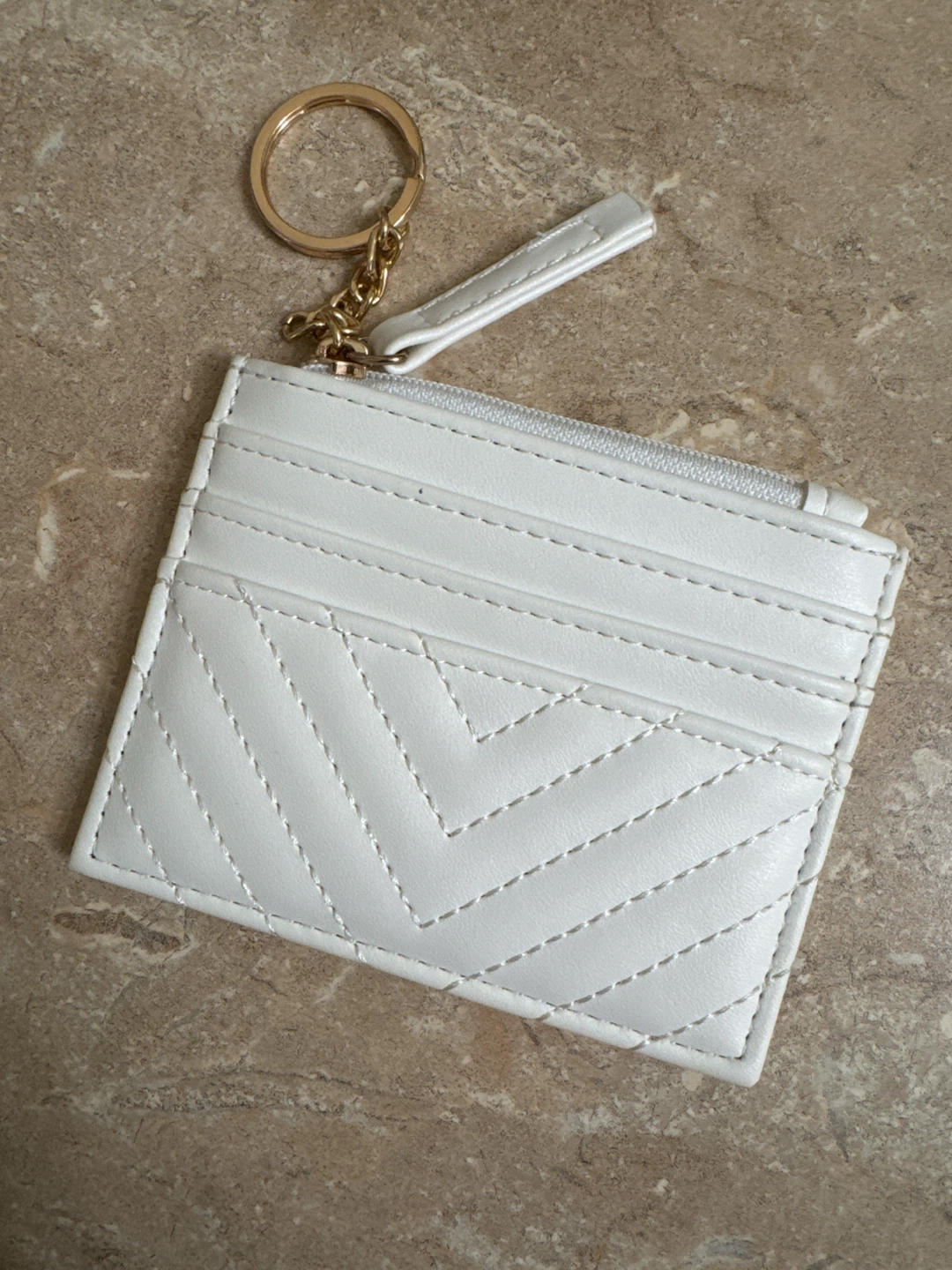 White Card Holder with Zipper Pocket and Keychain