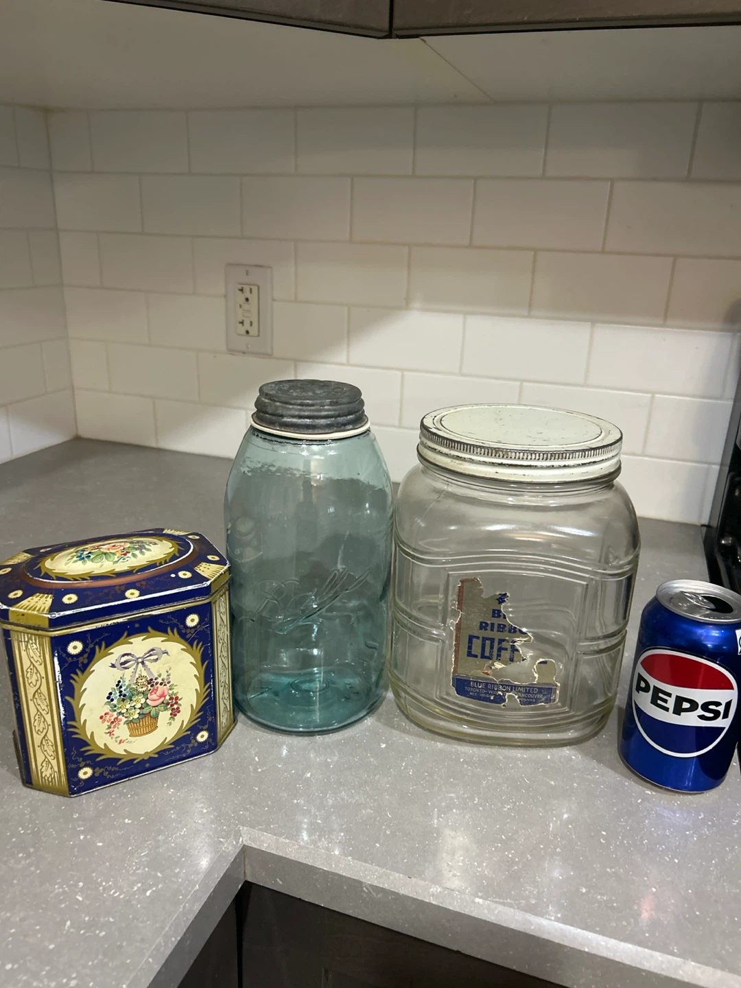 Vintage Blue Ribbon Coffee Jar and Decorative Tin