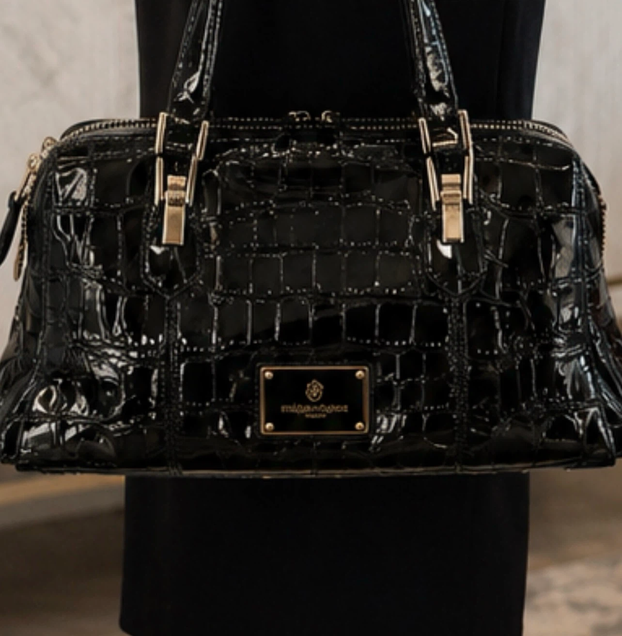 Rocco Barocco Black Croc Embossed Satchel Handbag - photo 3