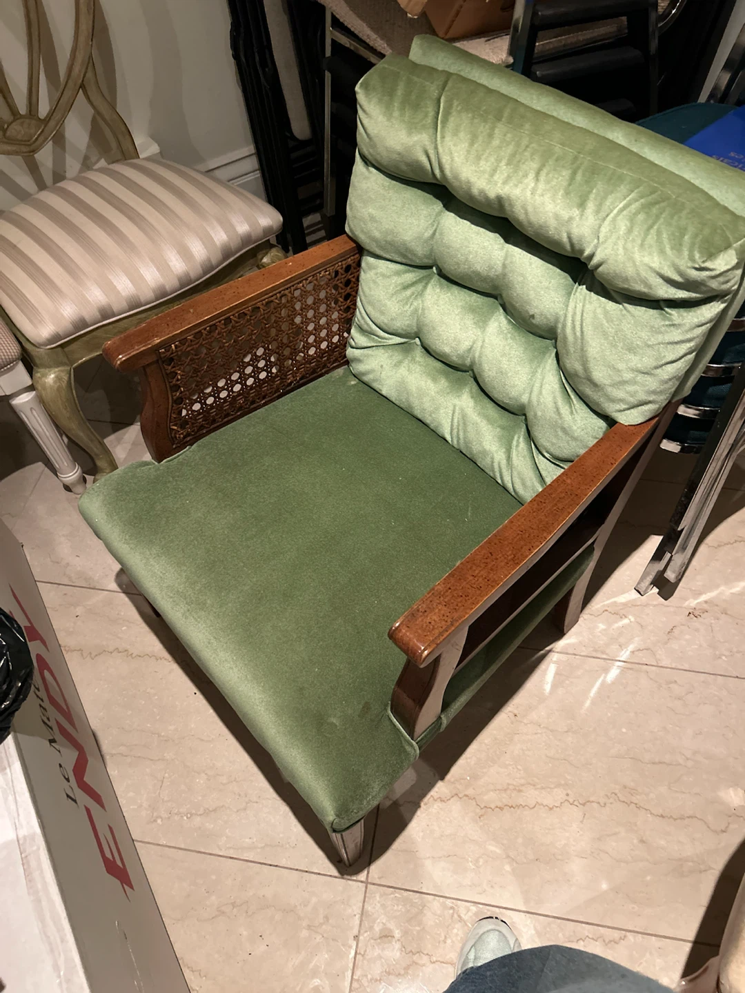 Vintage Green Velvet Armchair with Rattan Accents