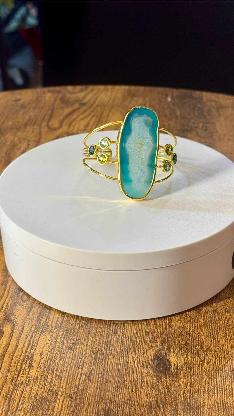 18k plated cuff bracelet with blue agate stone