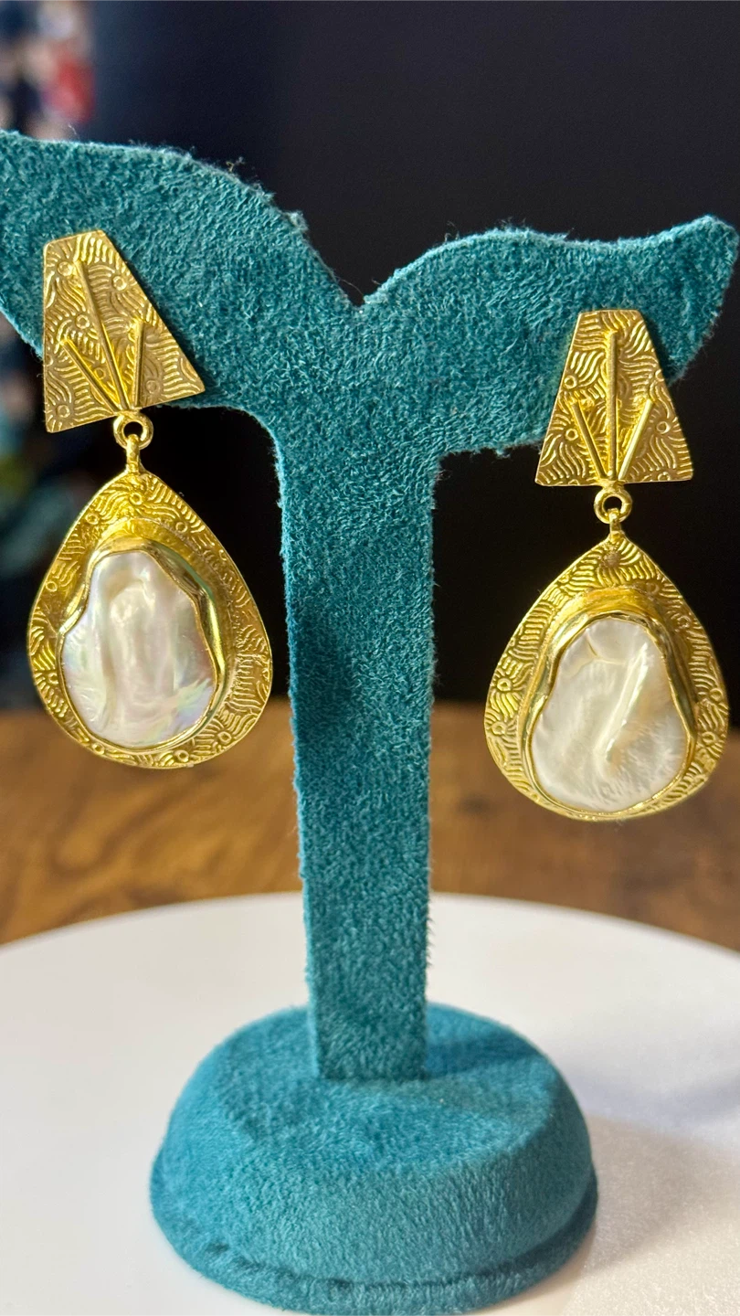 18k Gold Tone Drop Earrings with Pearl Inlays