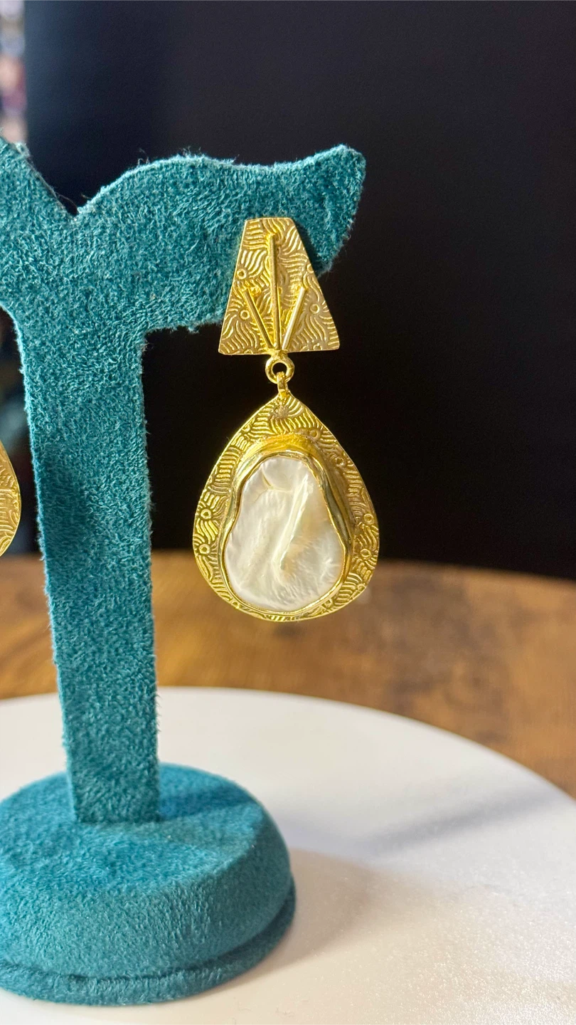 18k Gold Tone Drop Earrings with Pearl Inlays - photo 2