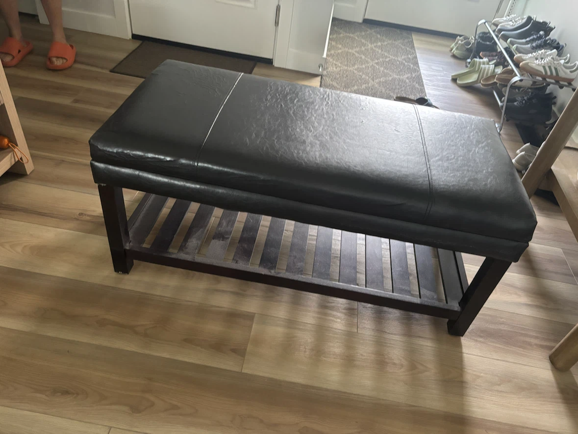 Dark Faux Leather Storage Bench with Shelf