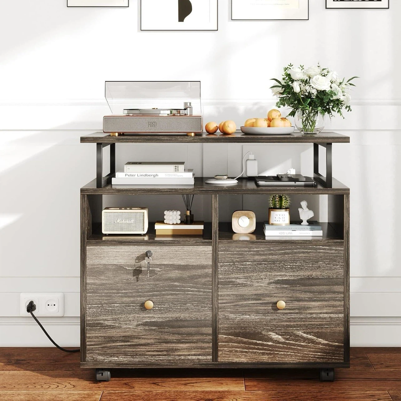 Rustic Wood File Cabinet with Wheels