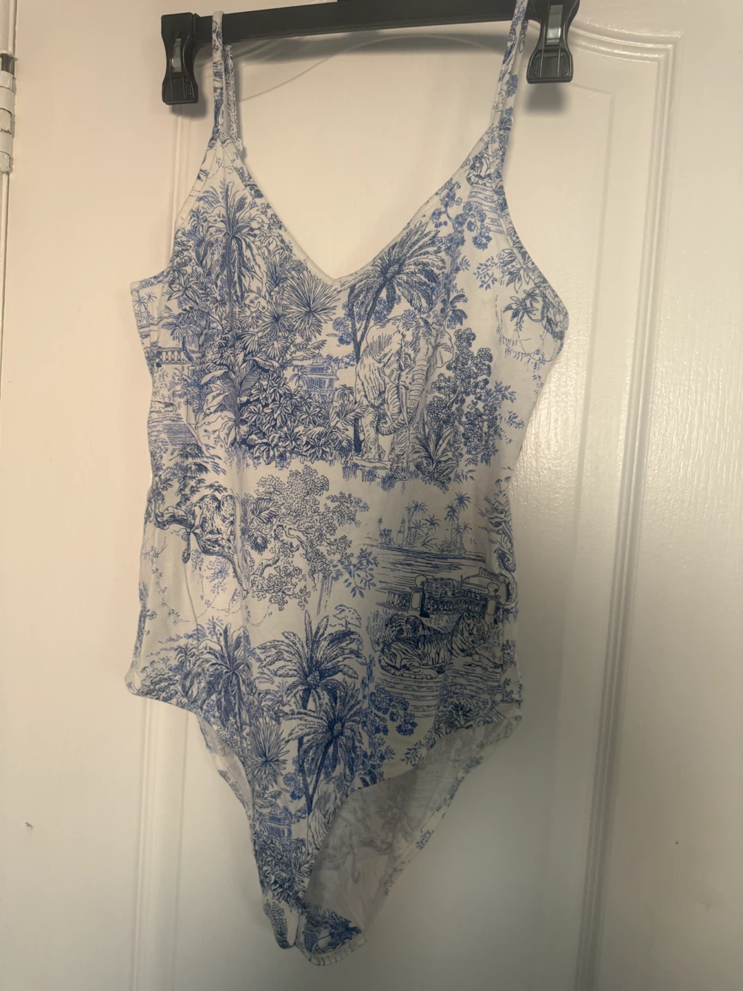 H&M Blue and White Toile Print Bodysuit - Size S