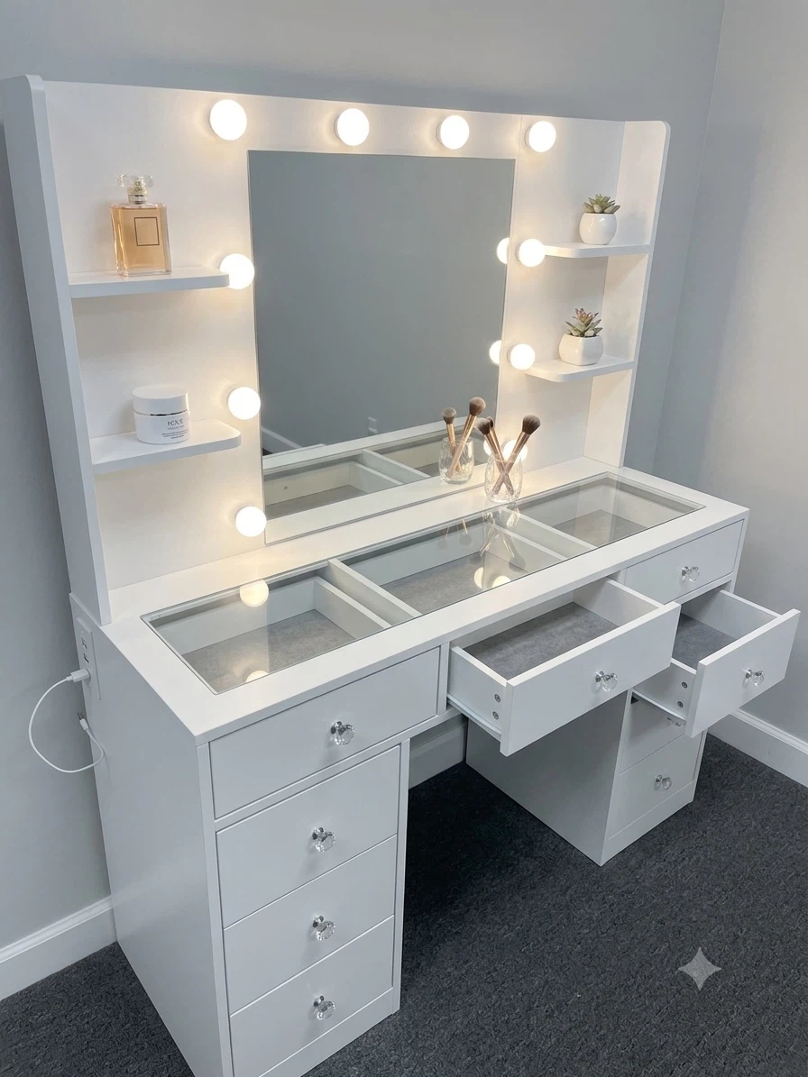 White Vanity Makeup Desk with Lights and Mirror