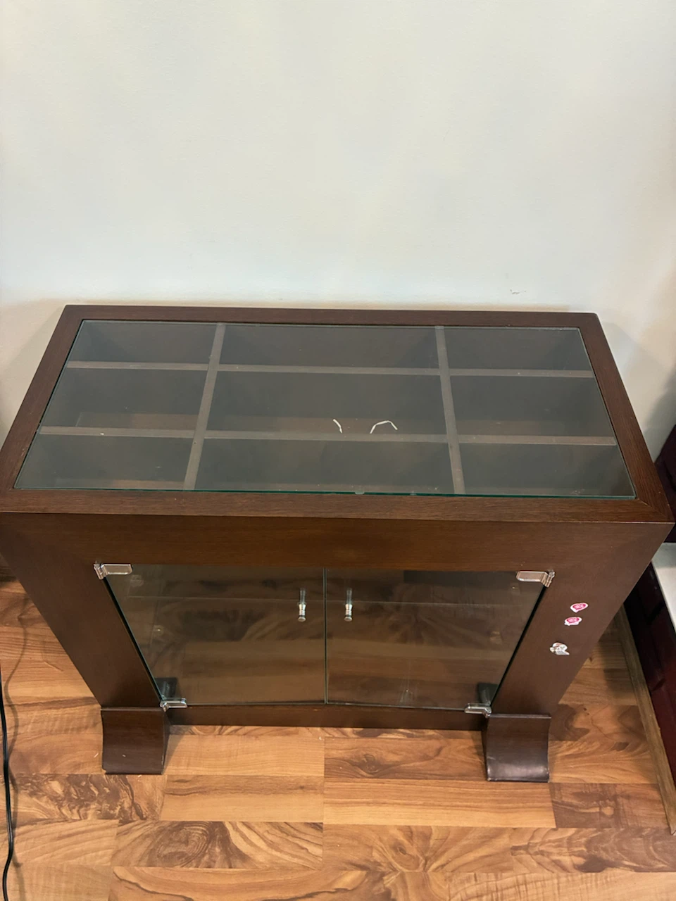 Dark Wood Media Console with Glass Top and Doors