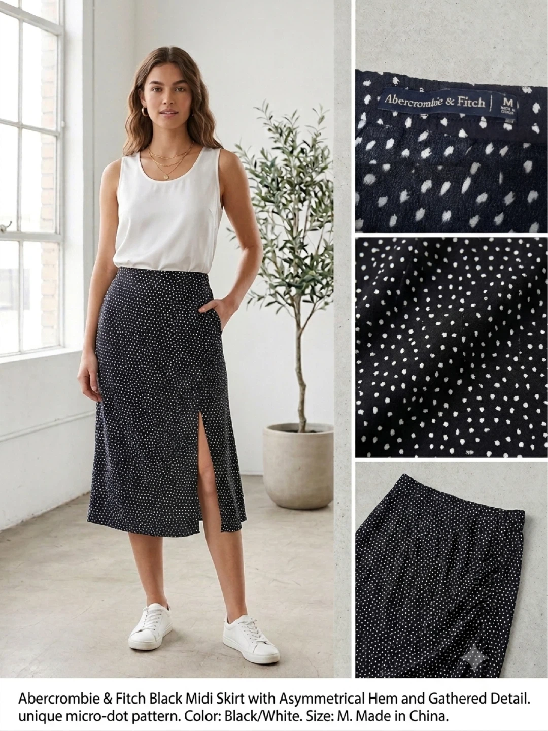 Abercrombie & Fitch Black Dot Midi Skirt - Size M