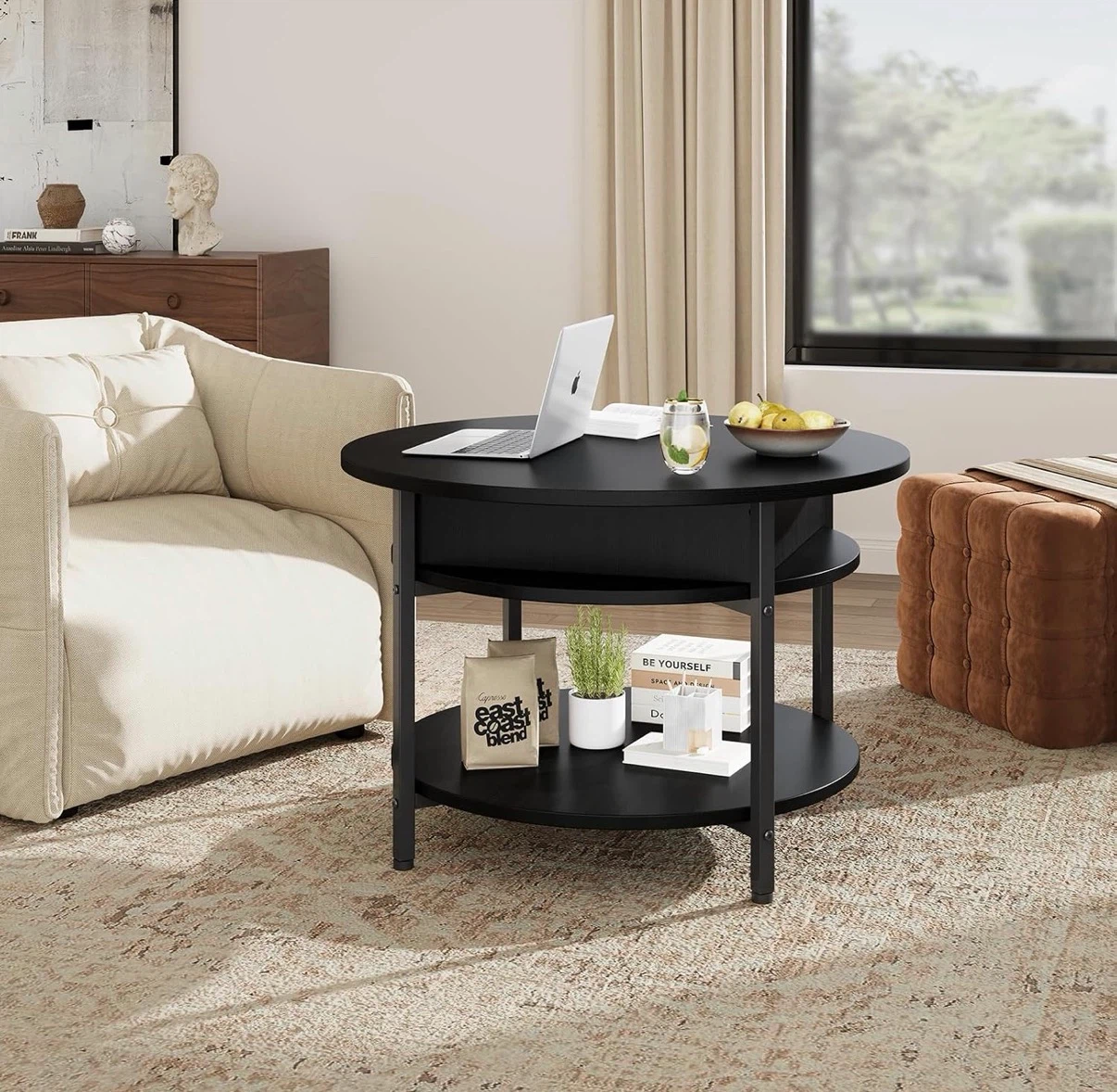 Black Round Coffee Table with Storage