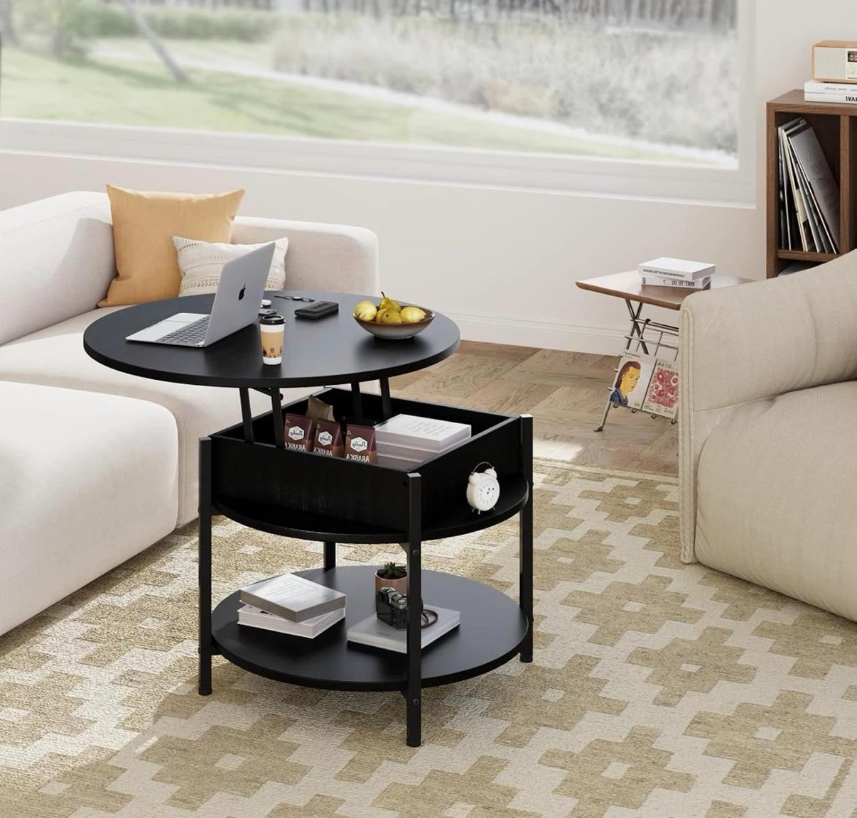 Black Round Coffee Table with Storage - photo 2