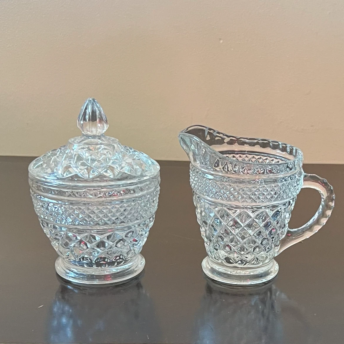 Vintage Anchor Hocking Wexford Glass Lidded Sugar Bowl & Creamer