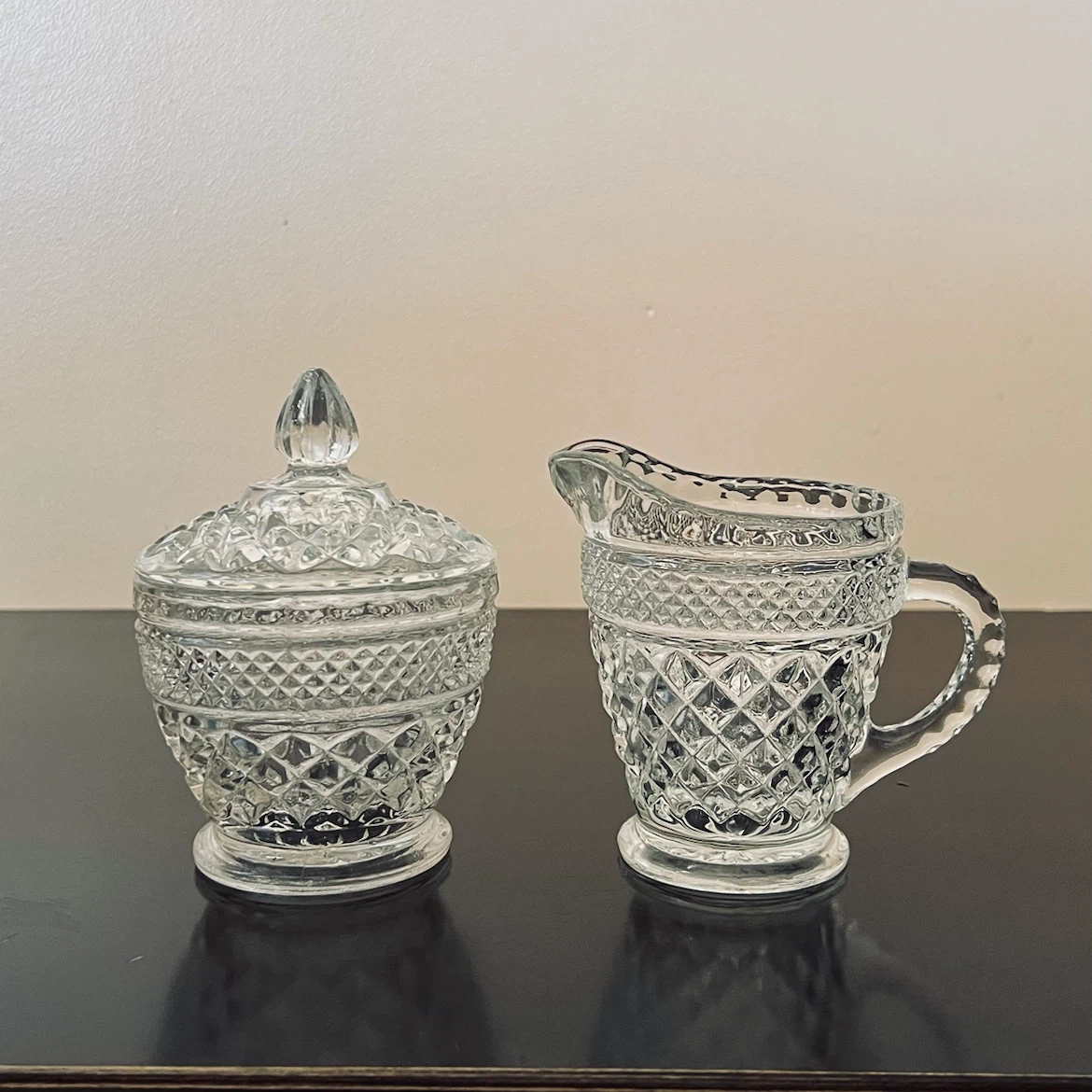 Vintage Anchor Hocking Wexford Glass Lidded Sugar Bowl & Creamer - photo 5