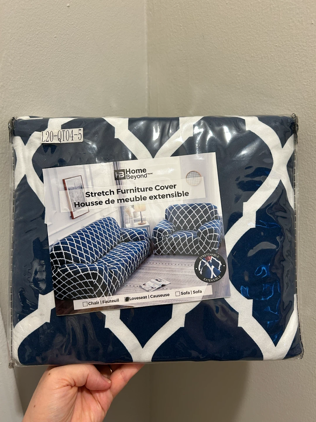 Stretch Sofa Cover - Navy Blue & White Geometric (3-Seater)
