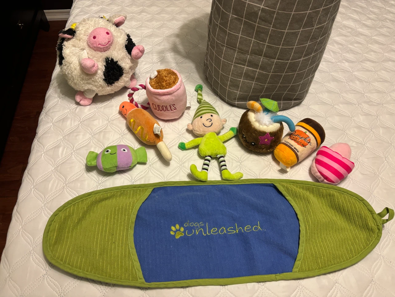Assorted Dog Squeaky Plush Toys and Storage Basket