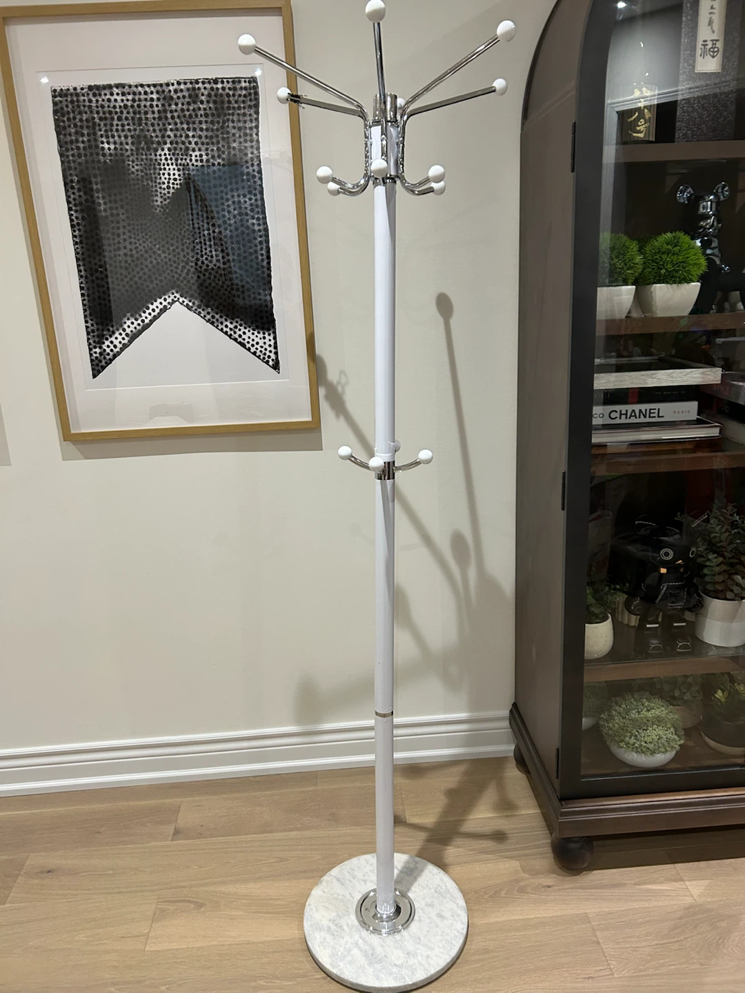 White and Chrome Coat Rack with Marble Base
