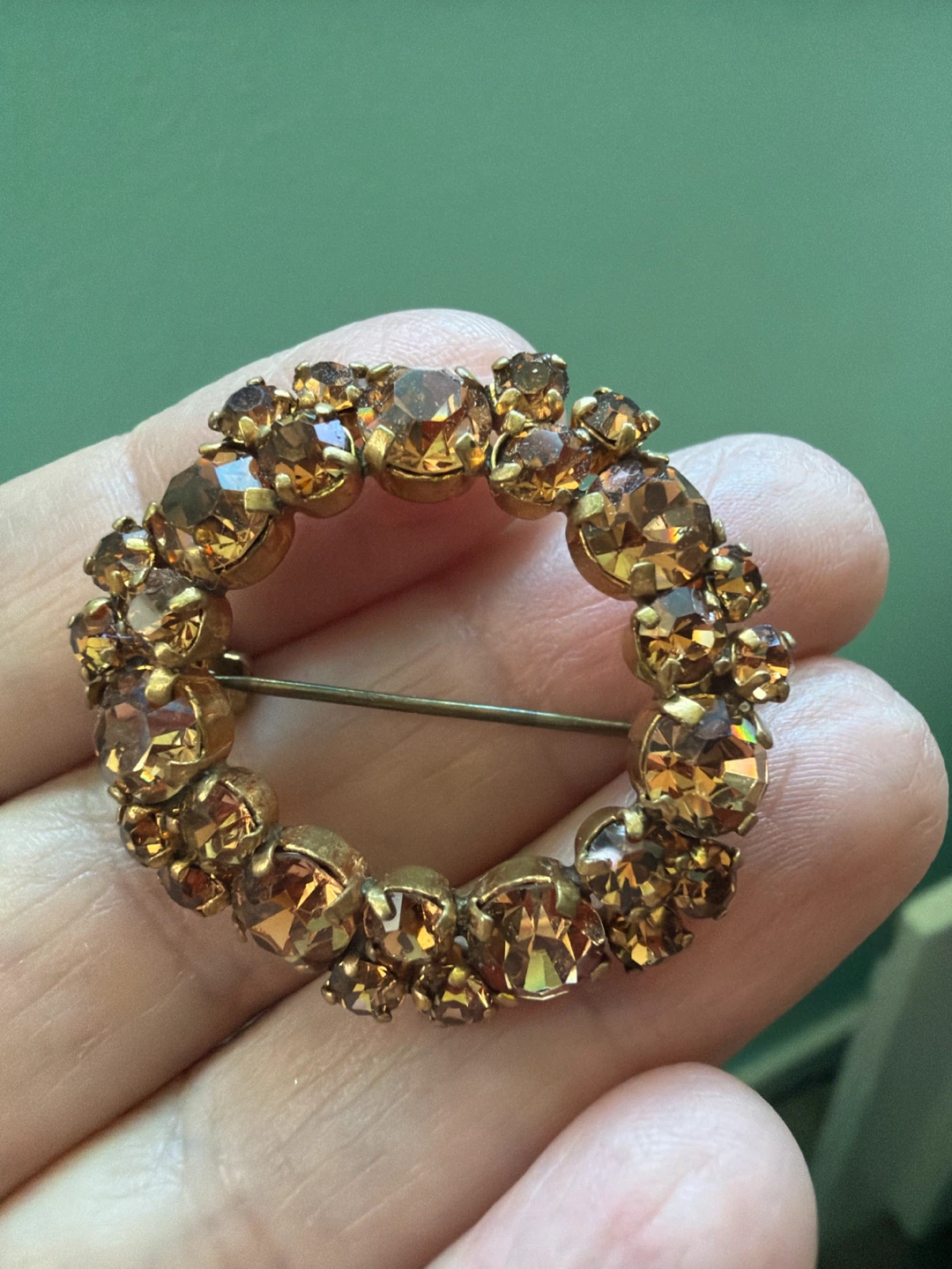 Vintage Wreath Brooch with Amber Rhinestones