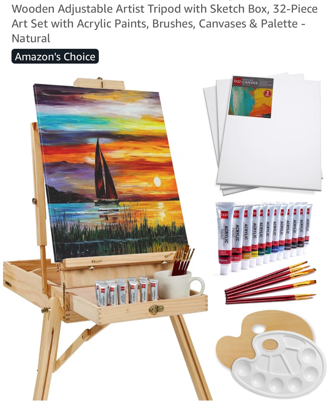 Wooden Artist Easel Tripod with Sketch Box & Art Supplies