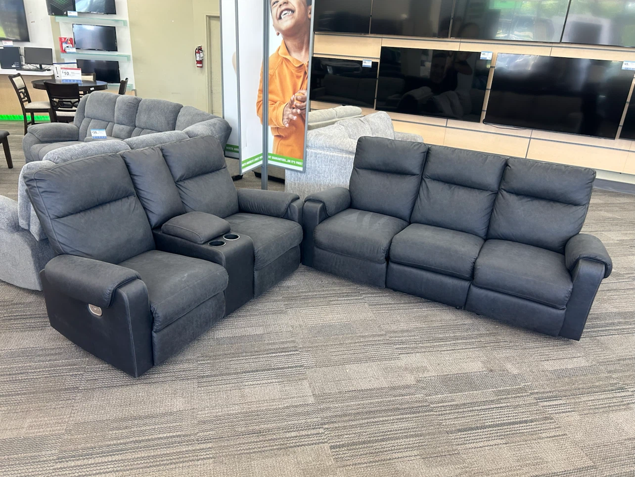 Power reclining sofa and loveseat