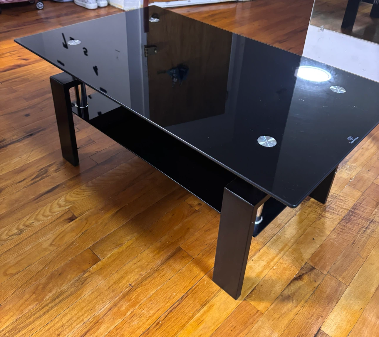 Black Glass Coffee Table with Shelf - photo 2