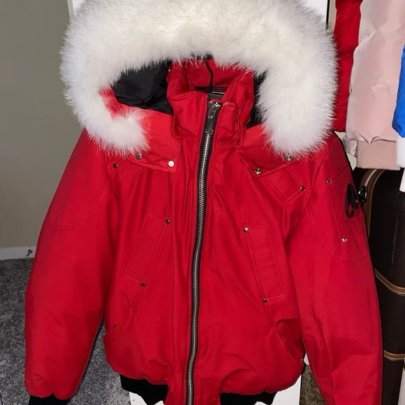 Moose Knuckles Red Bomber Jacket with White Fur Hood