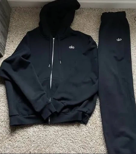 Alo Yoga Black Zip-Up Hoodie and Sweatpants Set