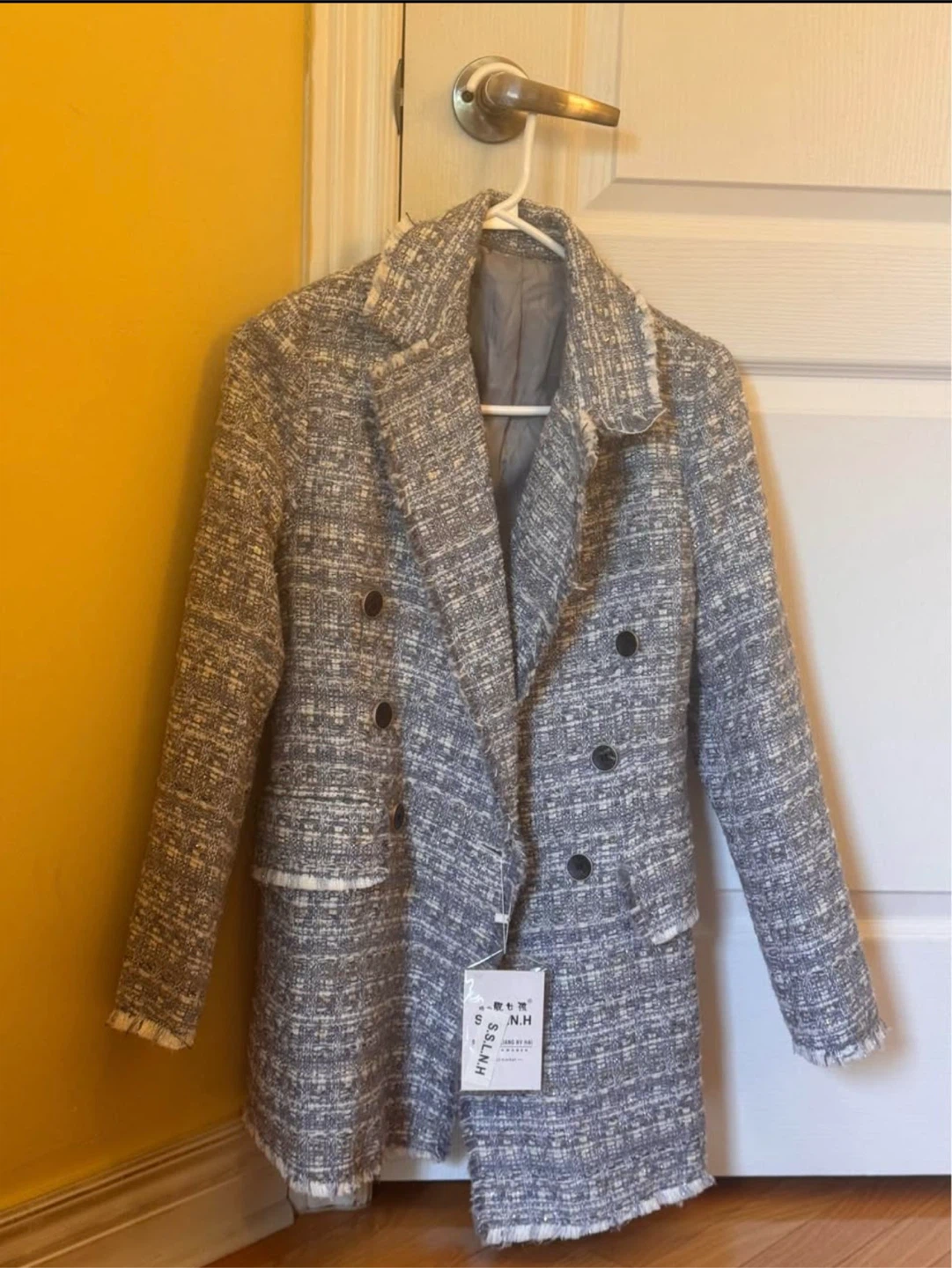 Oversized Grey Tweed Double-Breasted Blazer
