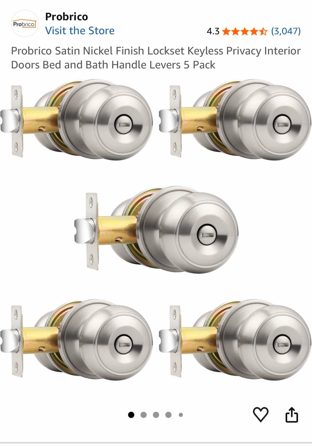 ProBrico Satin Nickel Interior Door Knobs - 5 Pack