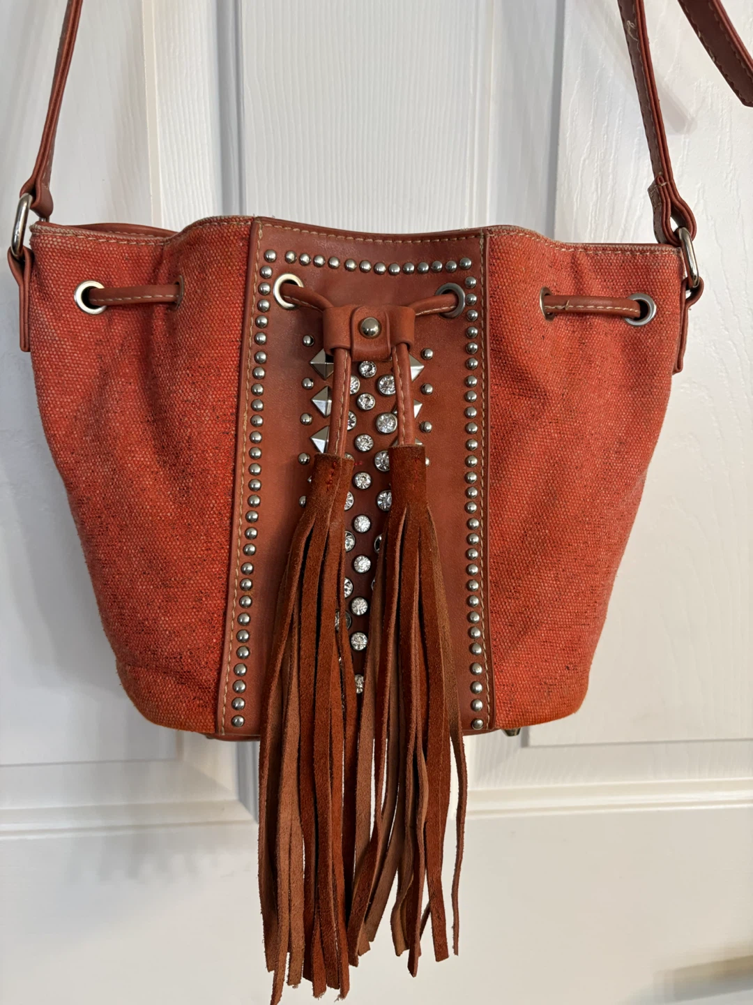 Montana West Studded Fringe Tassel Orange Bucket Bag