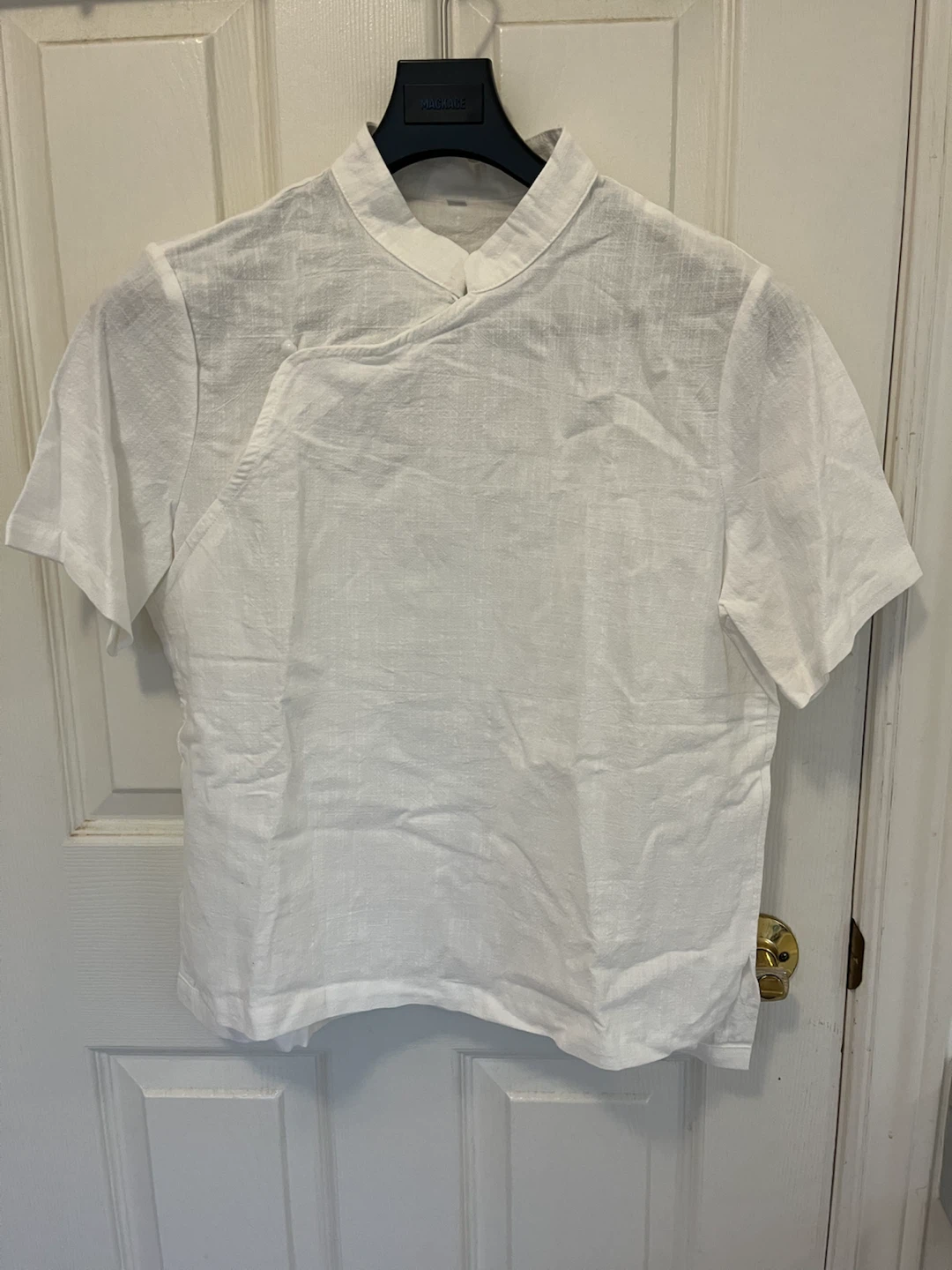 White Cotton Short Sleeve Mandarin Collar Shirt - Size M