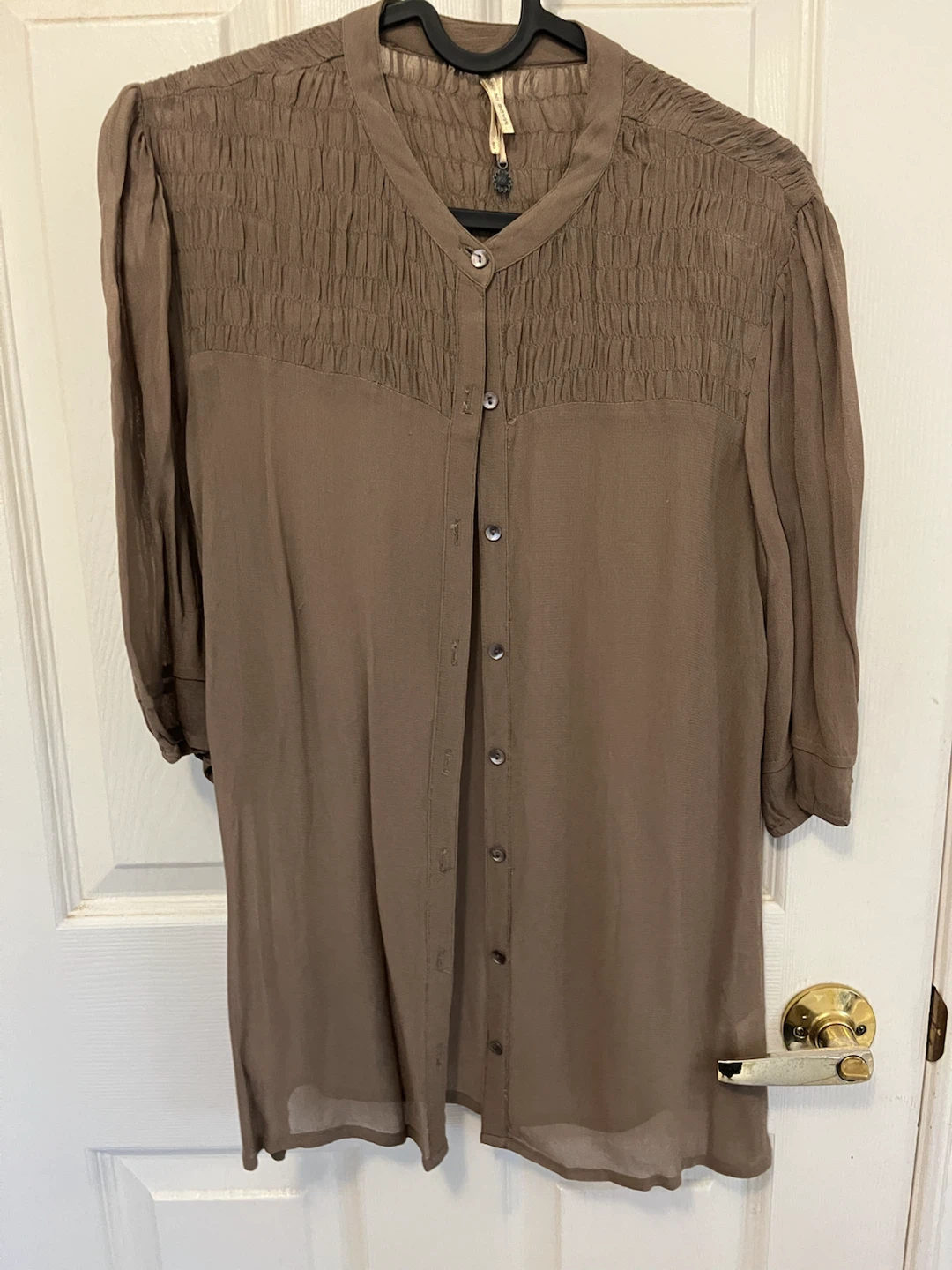 Brown Smocked Button-Up Tunic - Size S