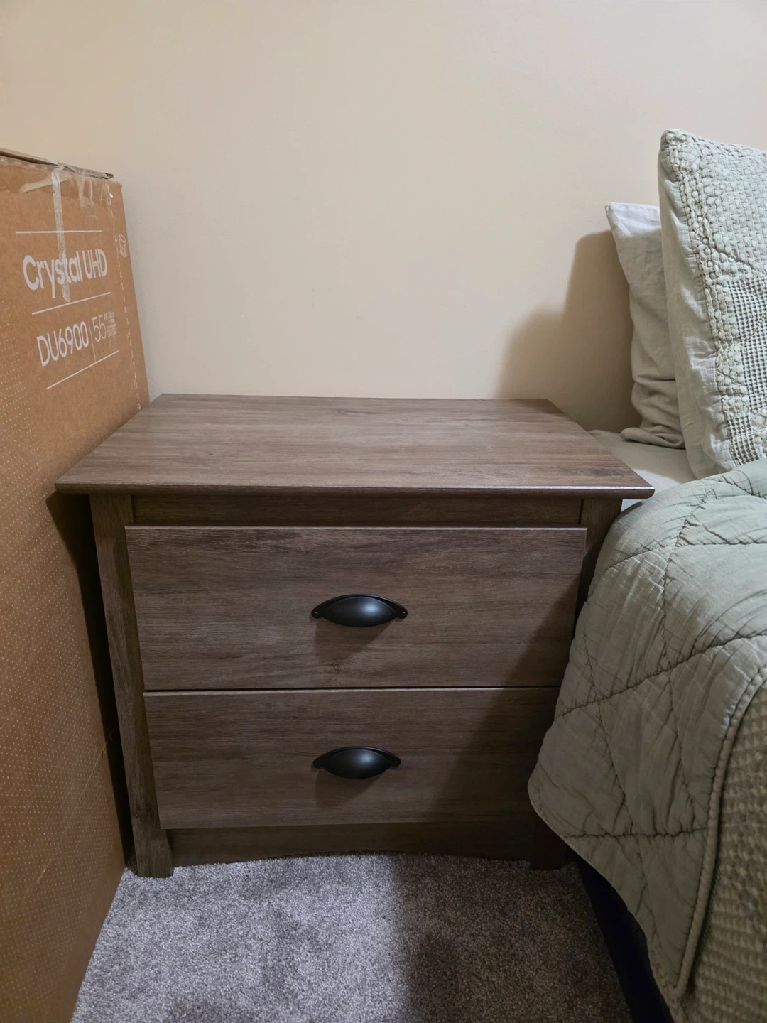 A Set of Two-Drawer Nightstand - Brown Wood Finish