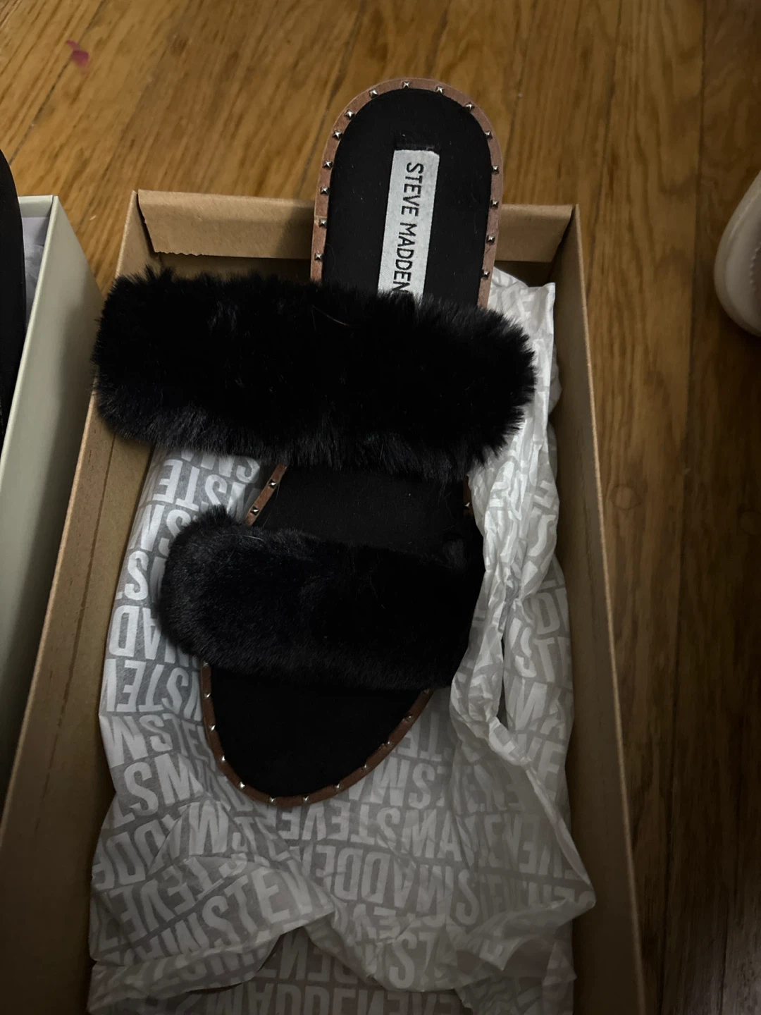 Steve Madden Black Faux Fur Slides