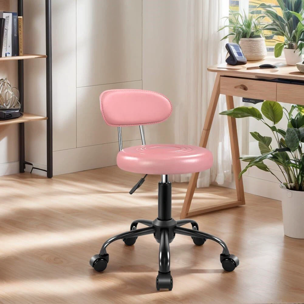 Pink Adjustable Rolling Stool with Backrest
