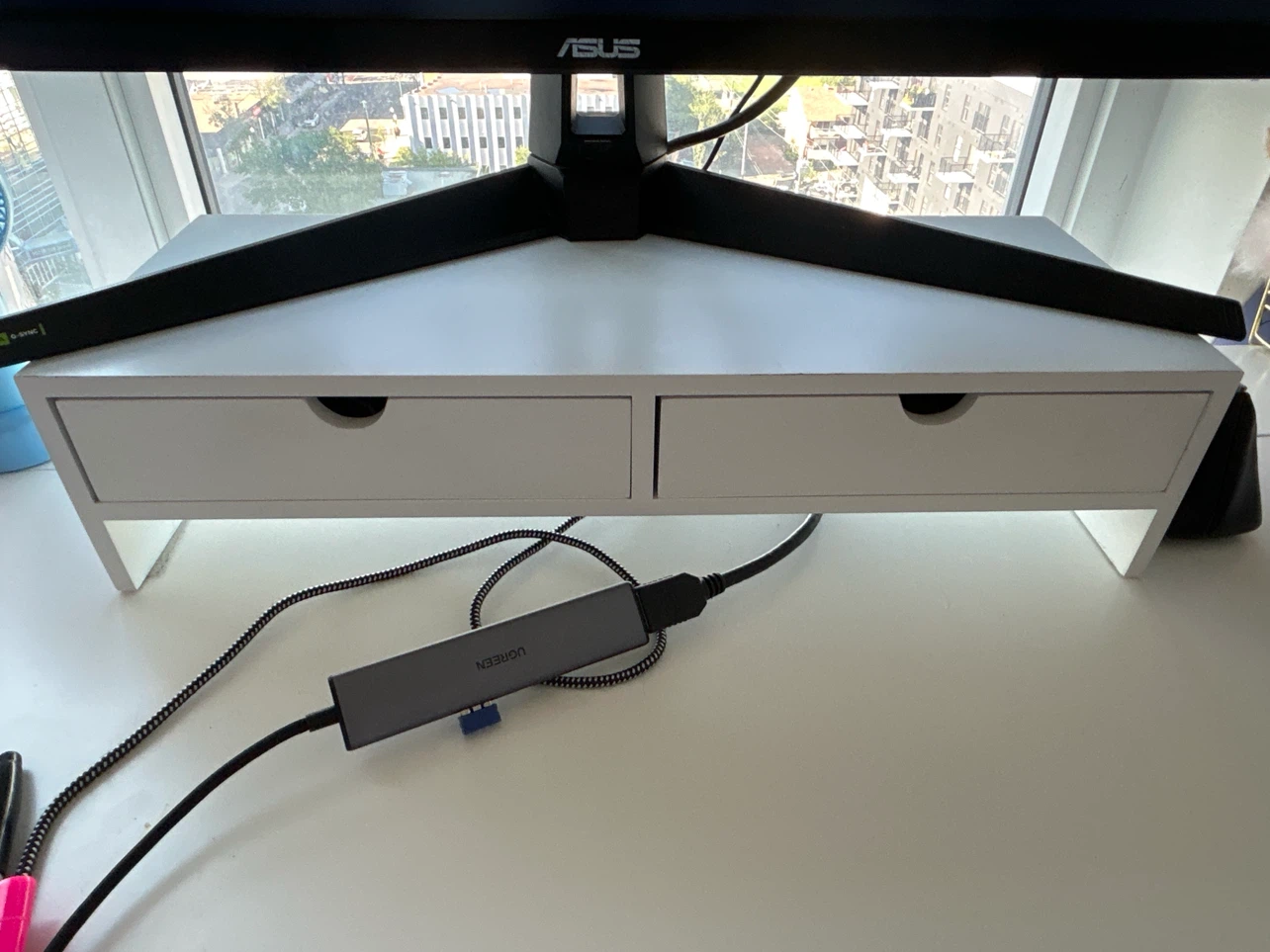 White Monitor Stand with Two Drawers